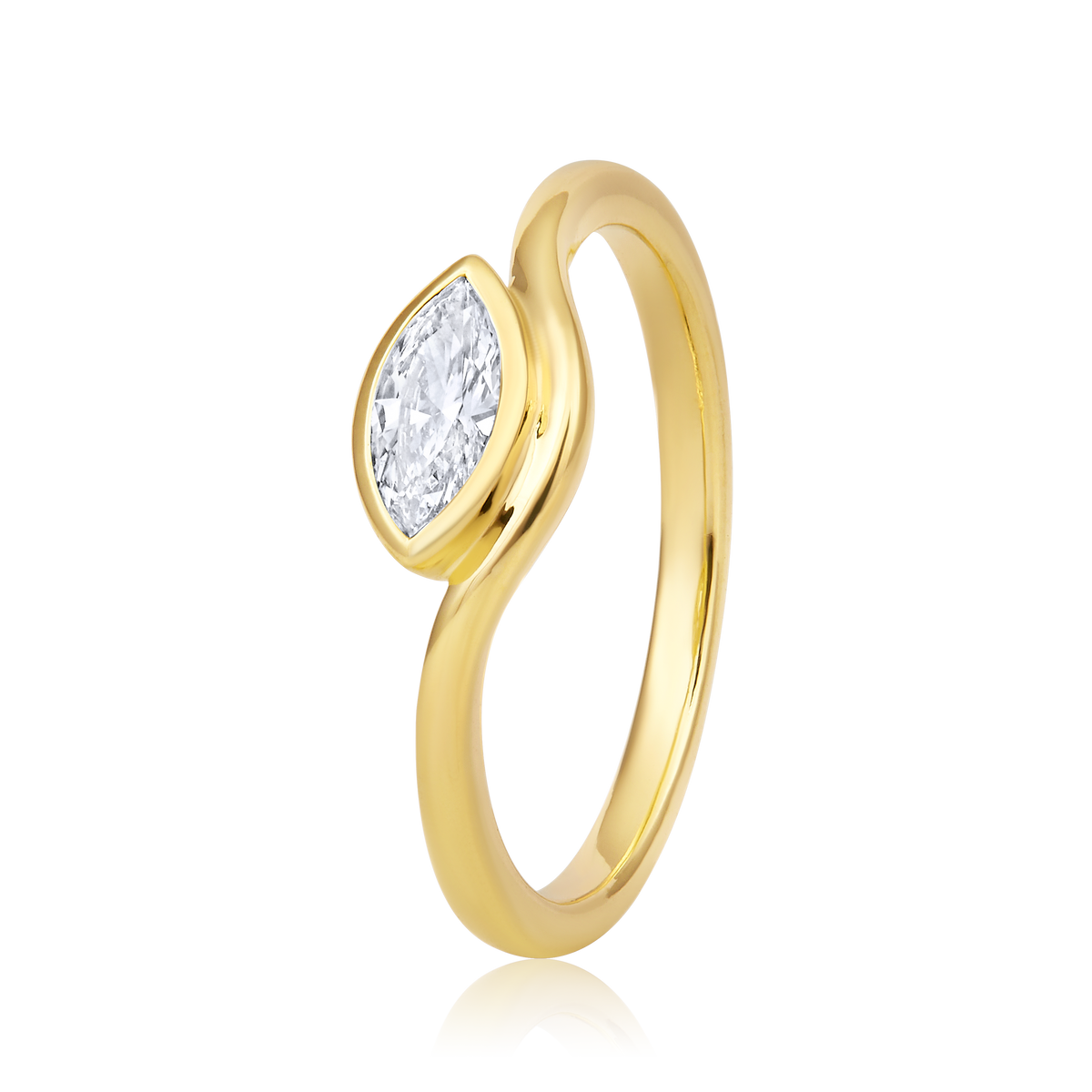 East West Marquise Diamond Curved Bezel Ring in 14k yellow gold