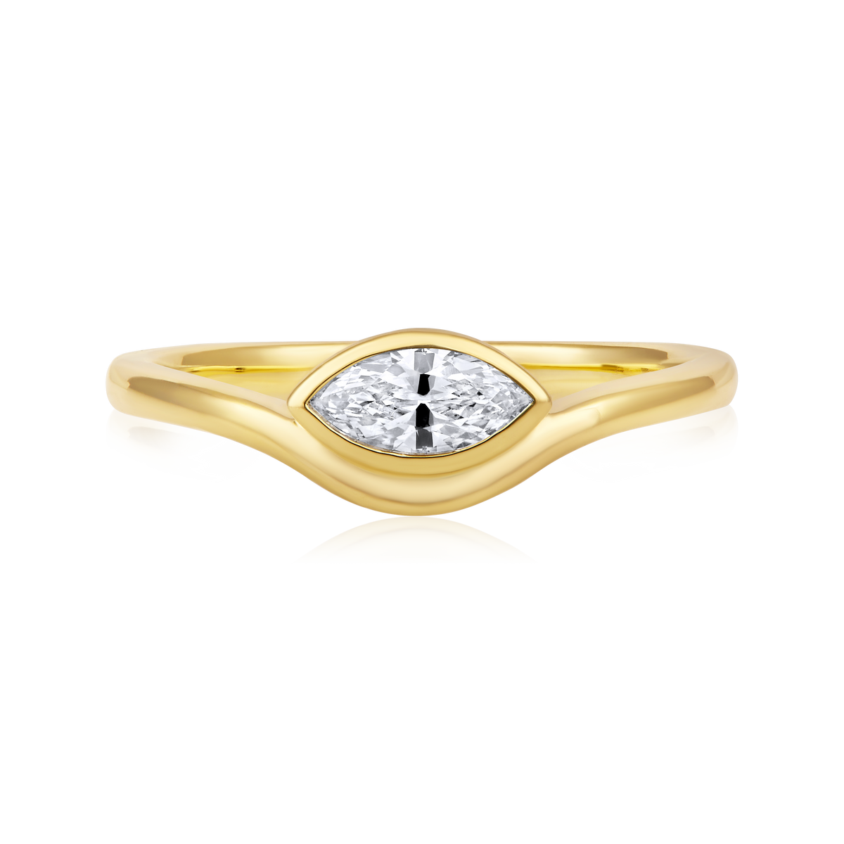 East West Marquise Diamond Curved Bezel Ring in 14k yellow gold