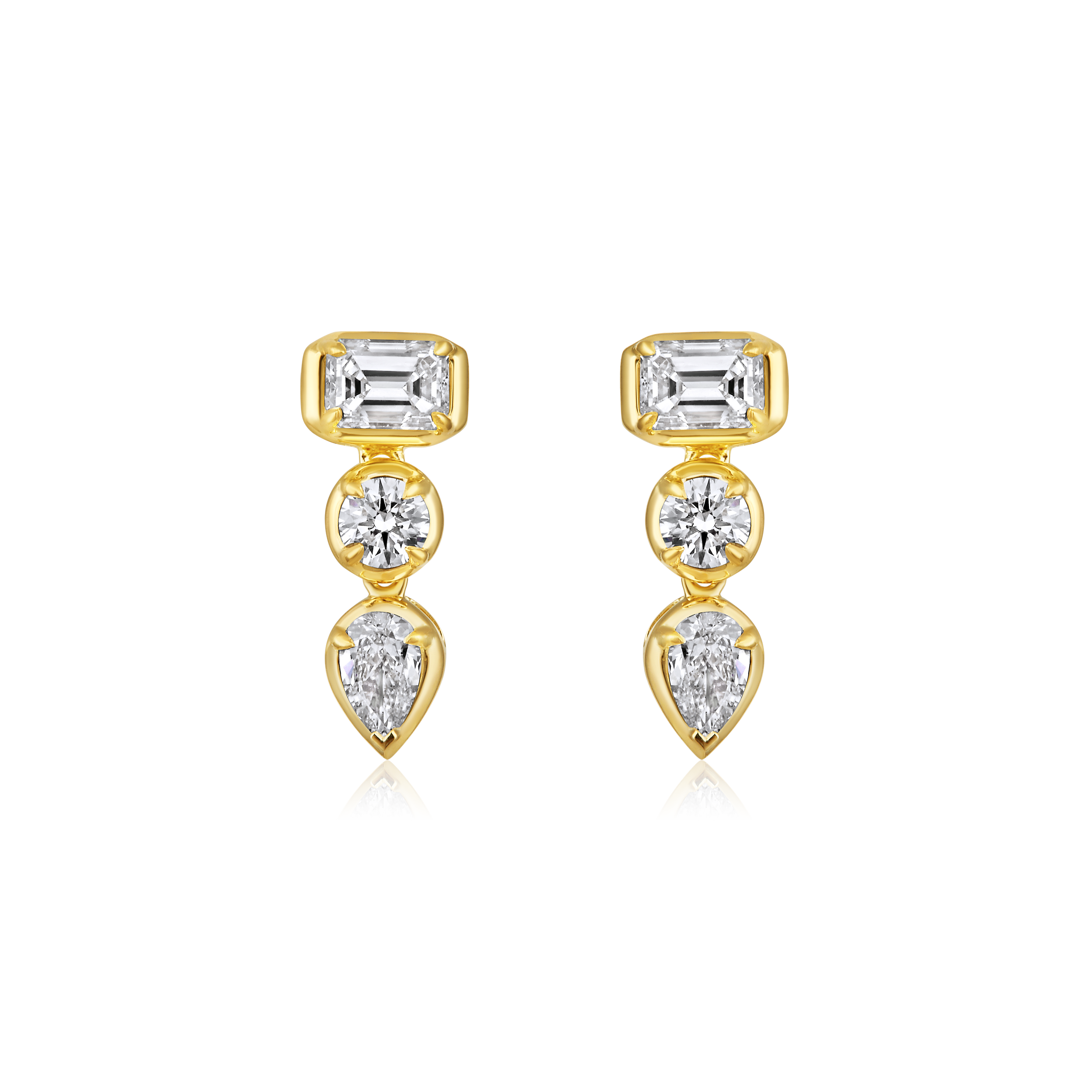 East West Emerald Cut and Pear Diamond Bezel Drop Earrings in 14k yellow gold