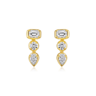 East West Emerald Cut and Pear Diamond Bezel Drop Earrings in 14k yellow gold