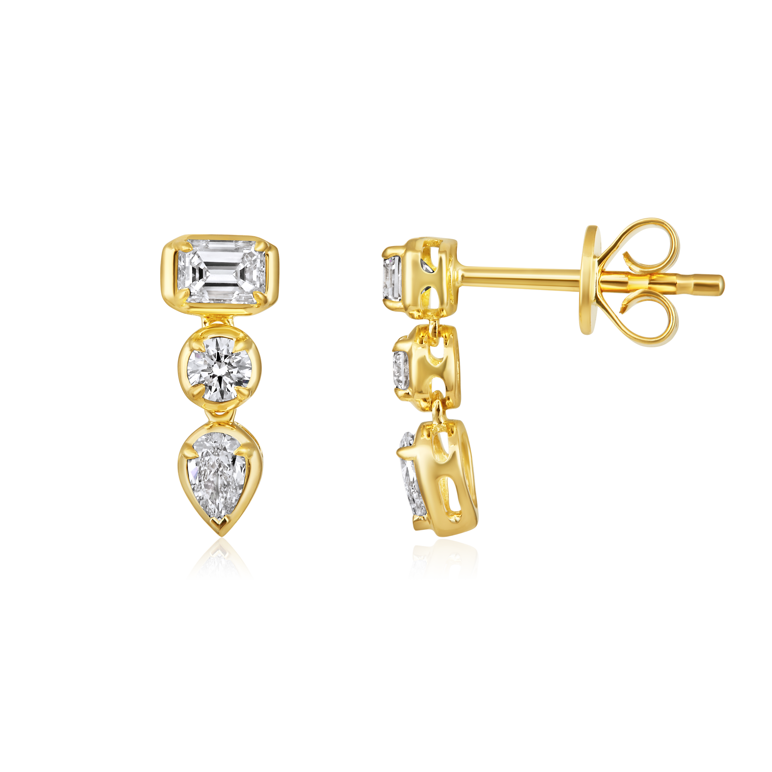 East West Emerald Cut and Pear Diamond Bezel Drop Earrings in 14k yellow gold