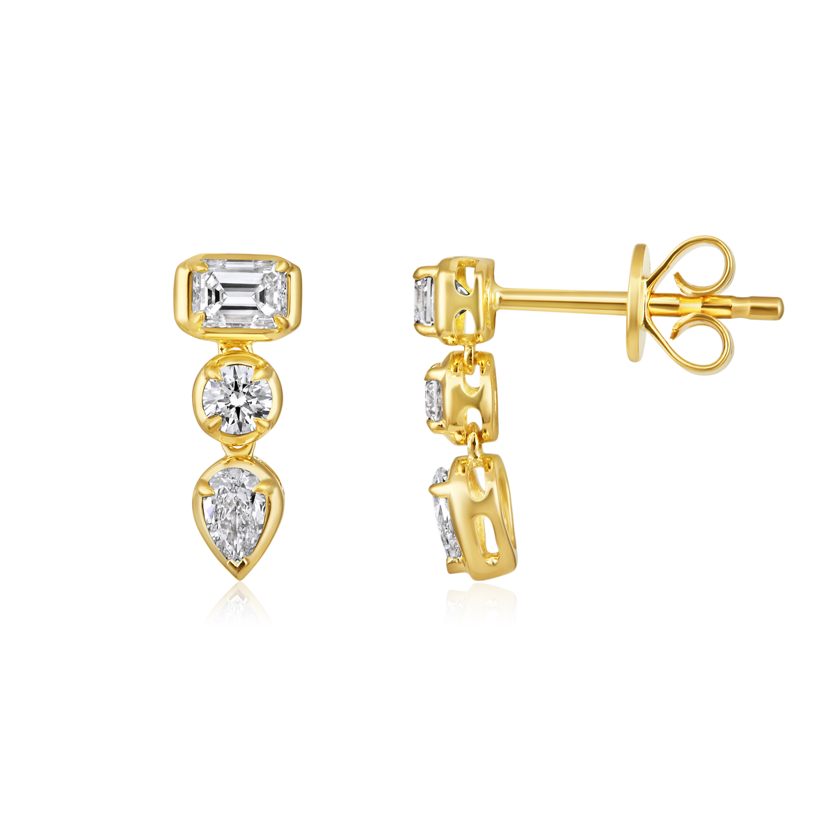 East West Emerald Cut and Pear Diamond Bezel Drop Earrings in 14k yellow gold