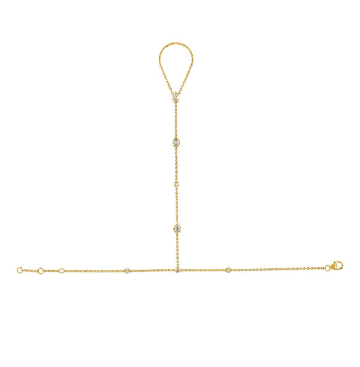 Marquise and Pear Diamond Bezel Hand Chain in 14k yellow gold