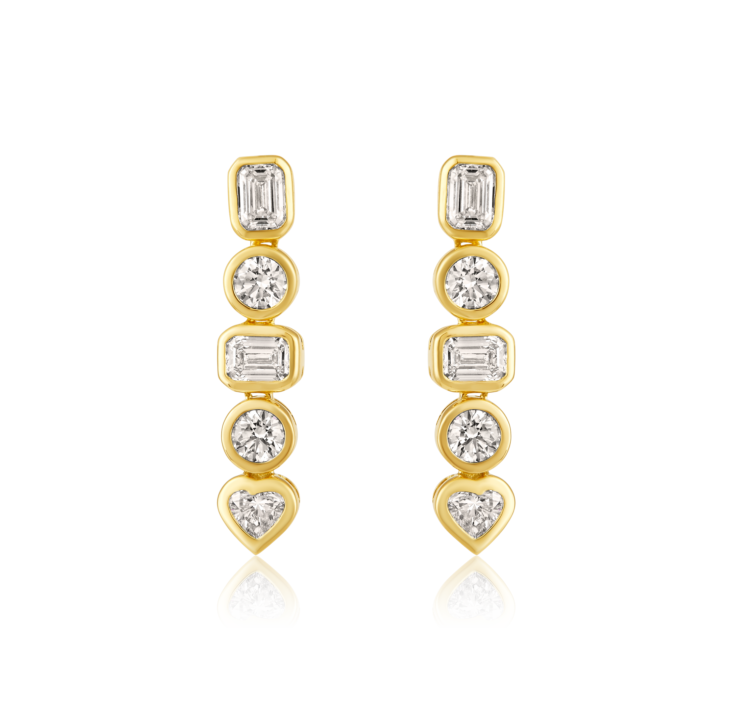 Emerald Cut Diamond Heart Bezel Drop Earrings in 14k yellow gold