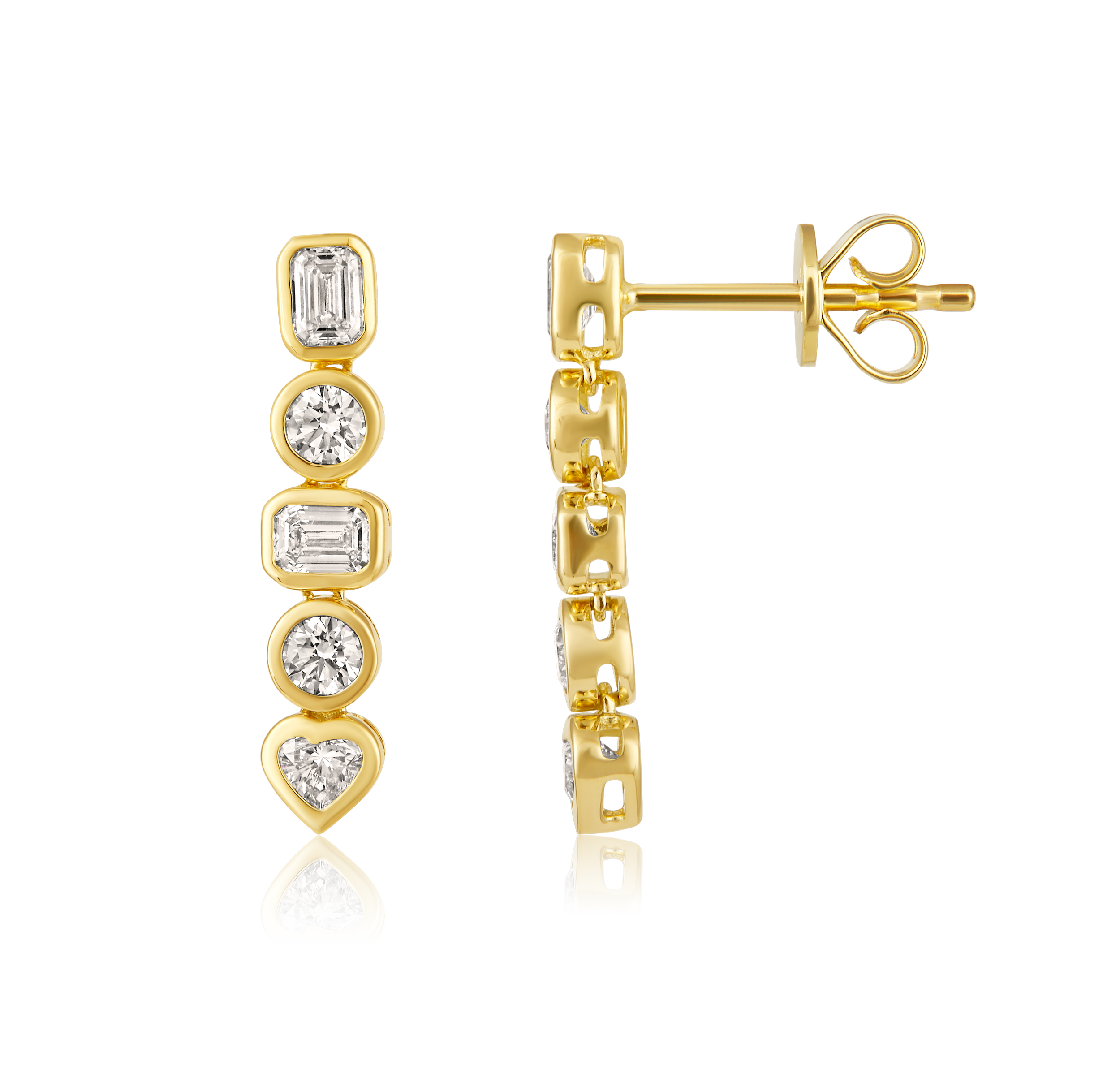 Emerald Cut Diamond Heart Bezel Drop Earrings in 14k yellow gold
