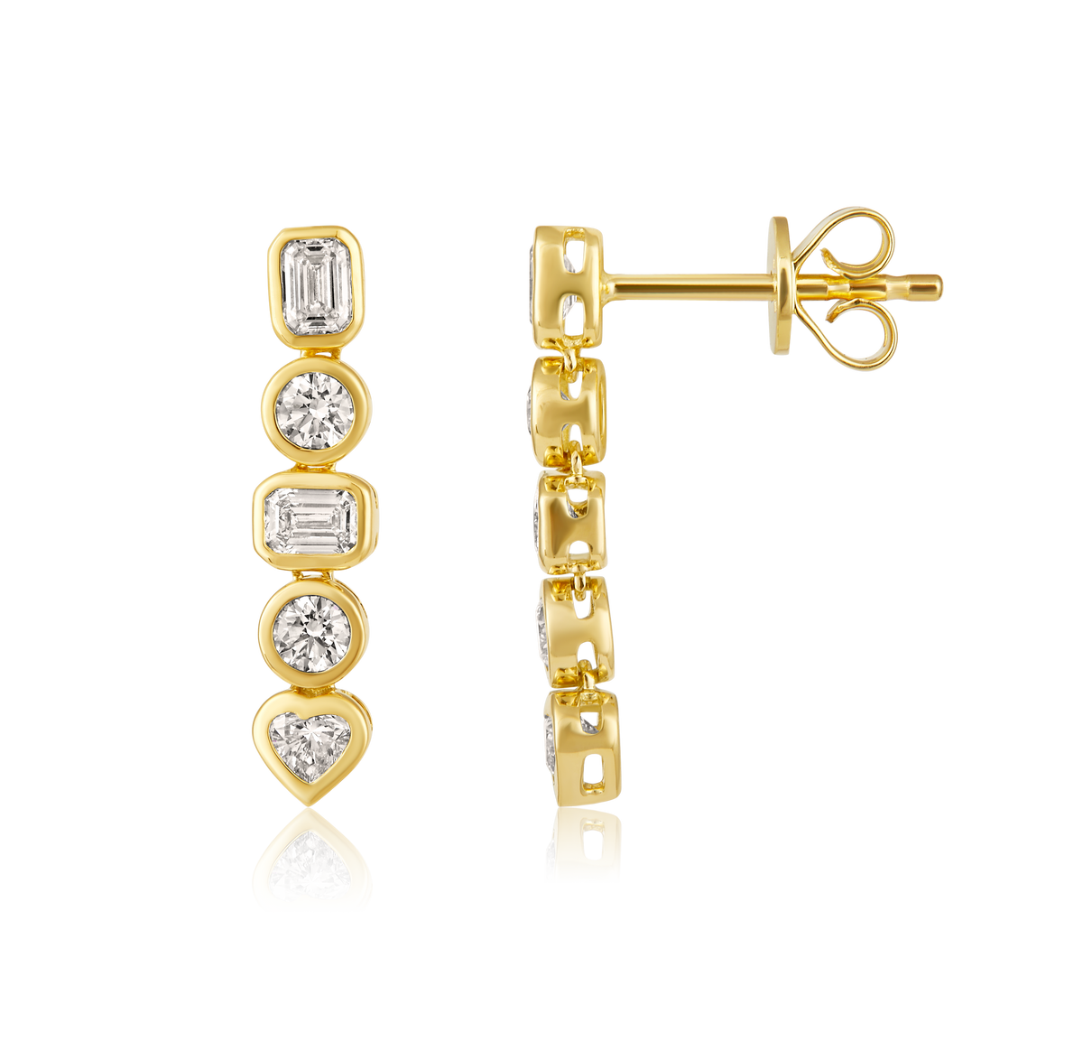 Emerald Cut Diamond Heart Bezel Drop Earrings in 14k yellow gold
