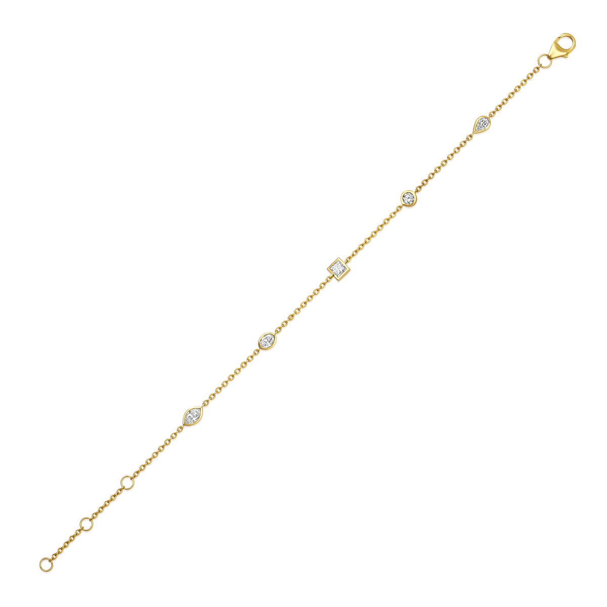 Multi Shape Diamond Bezel Station Bracelet in 14k yellow gold