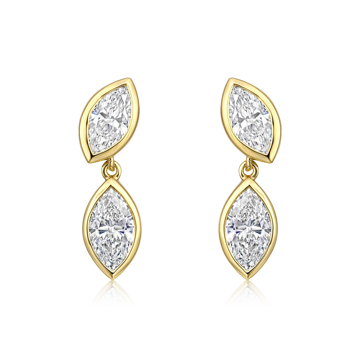 Double Marquise Diamond Bezel Drop Earrings in 14k yellow gold
