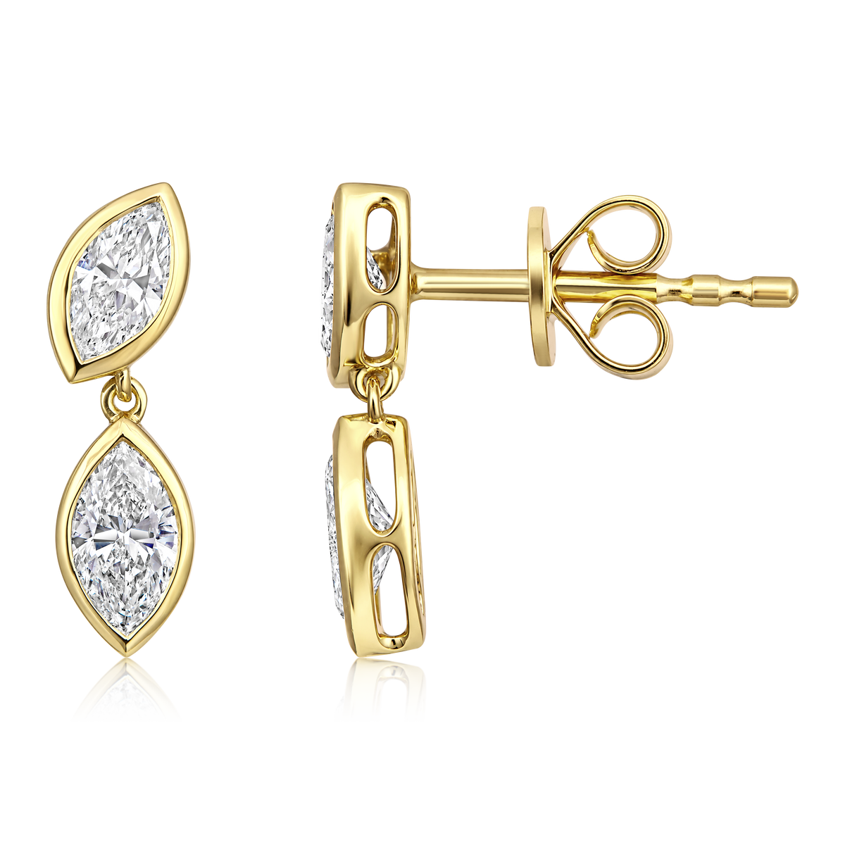 Double Marquise Diamond Bezel Drop Earrings in 14k yellow gold