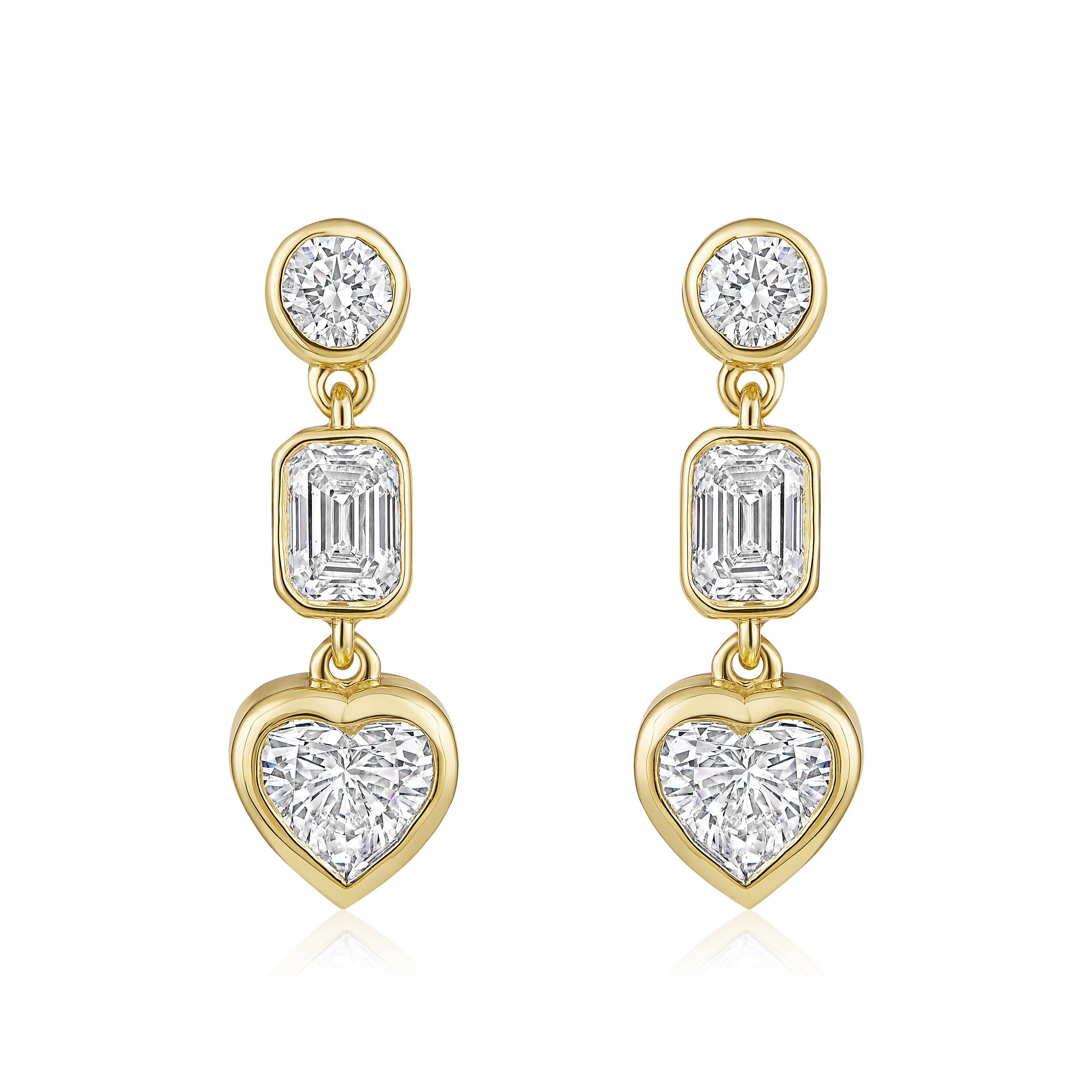 Round Emerald Cut and Heart Diamond Drop Earrings in 14k yellow gold
