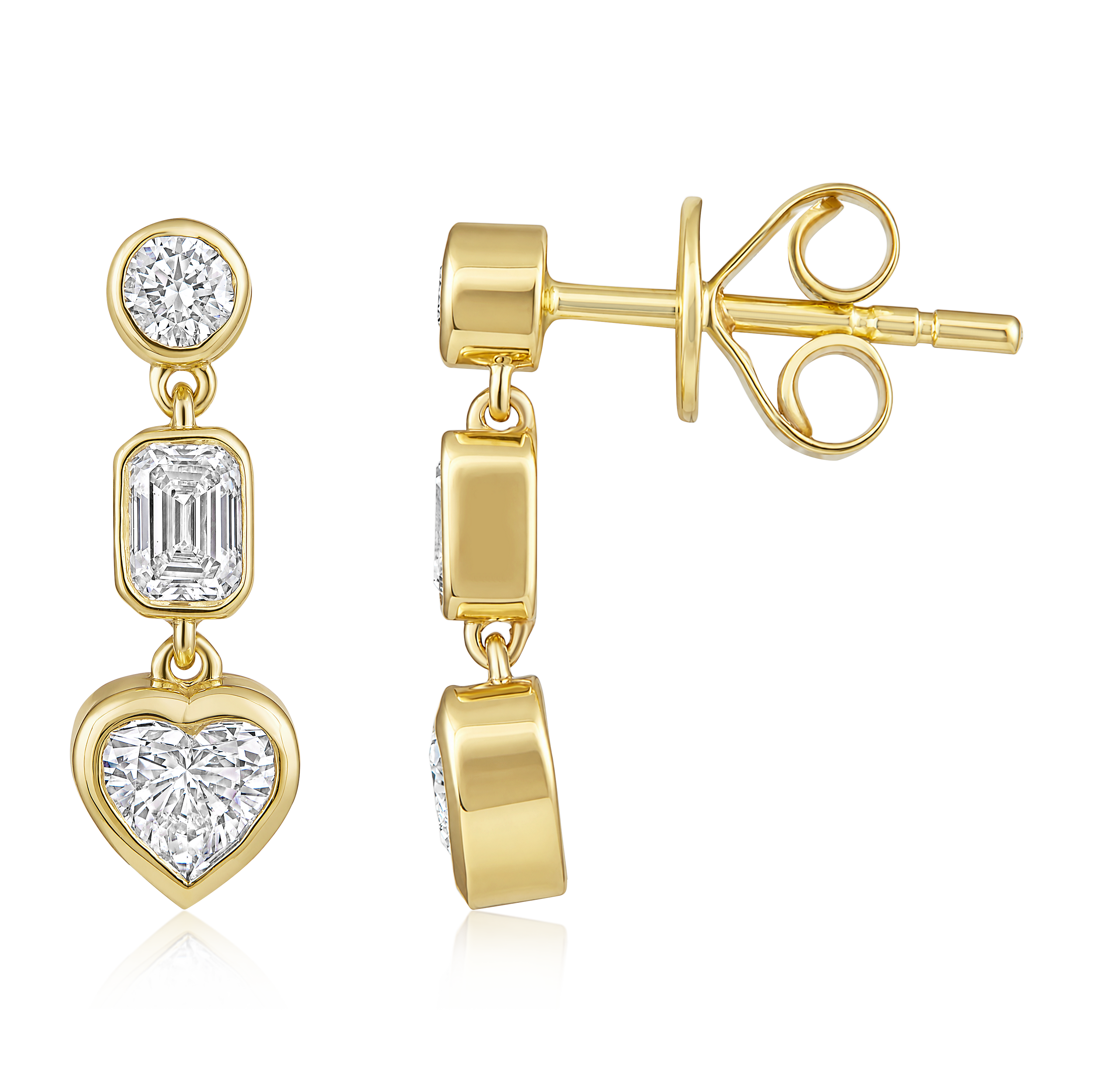 Round Emerald Cut and Heart Diamond Drop Earrings in 14k yellow gold