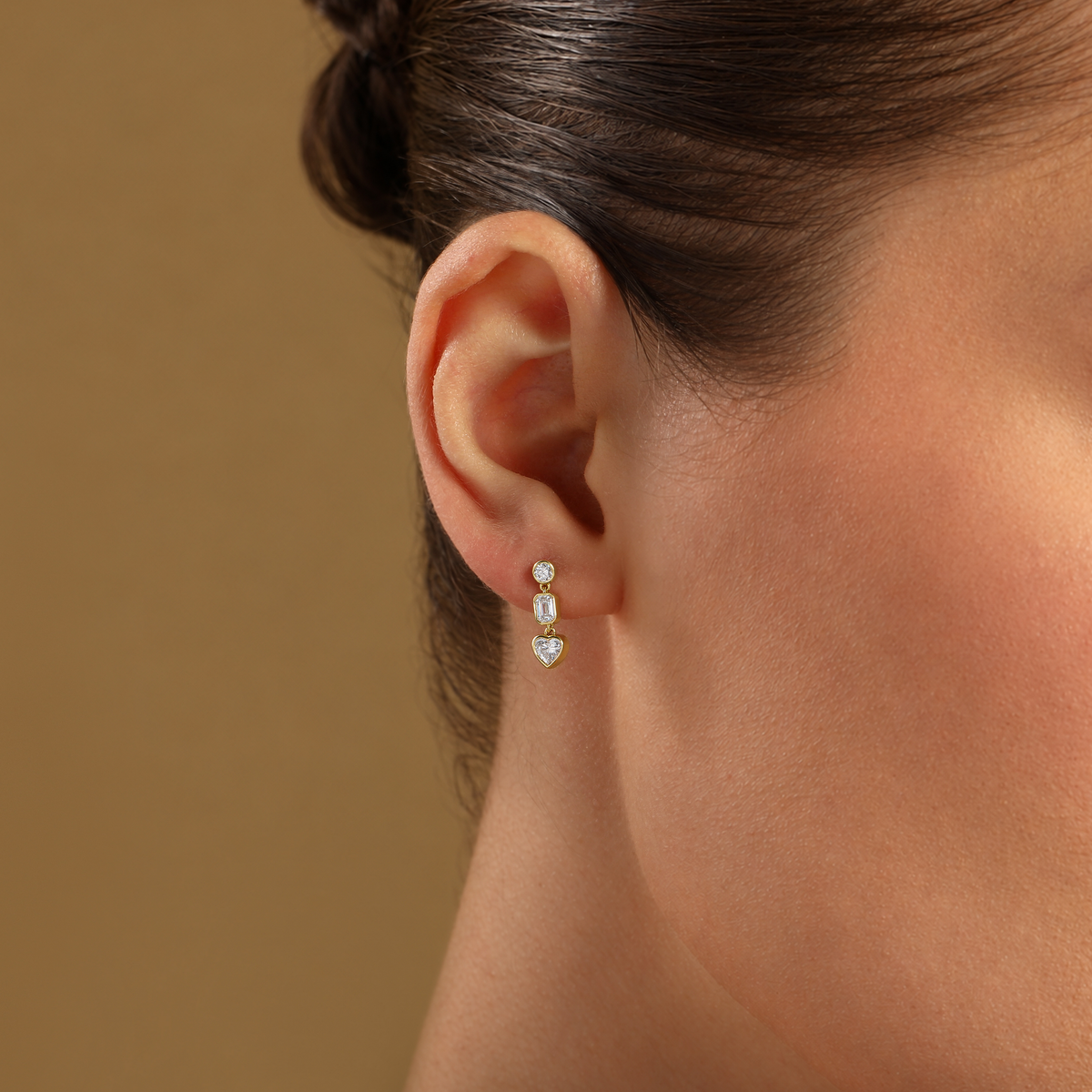 Round Emerald Cut and Heart Diamond Drop Earrings in 14k yellow gold