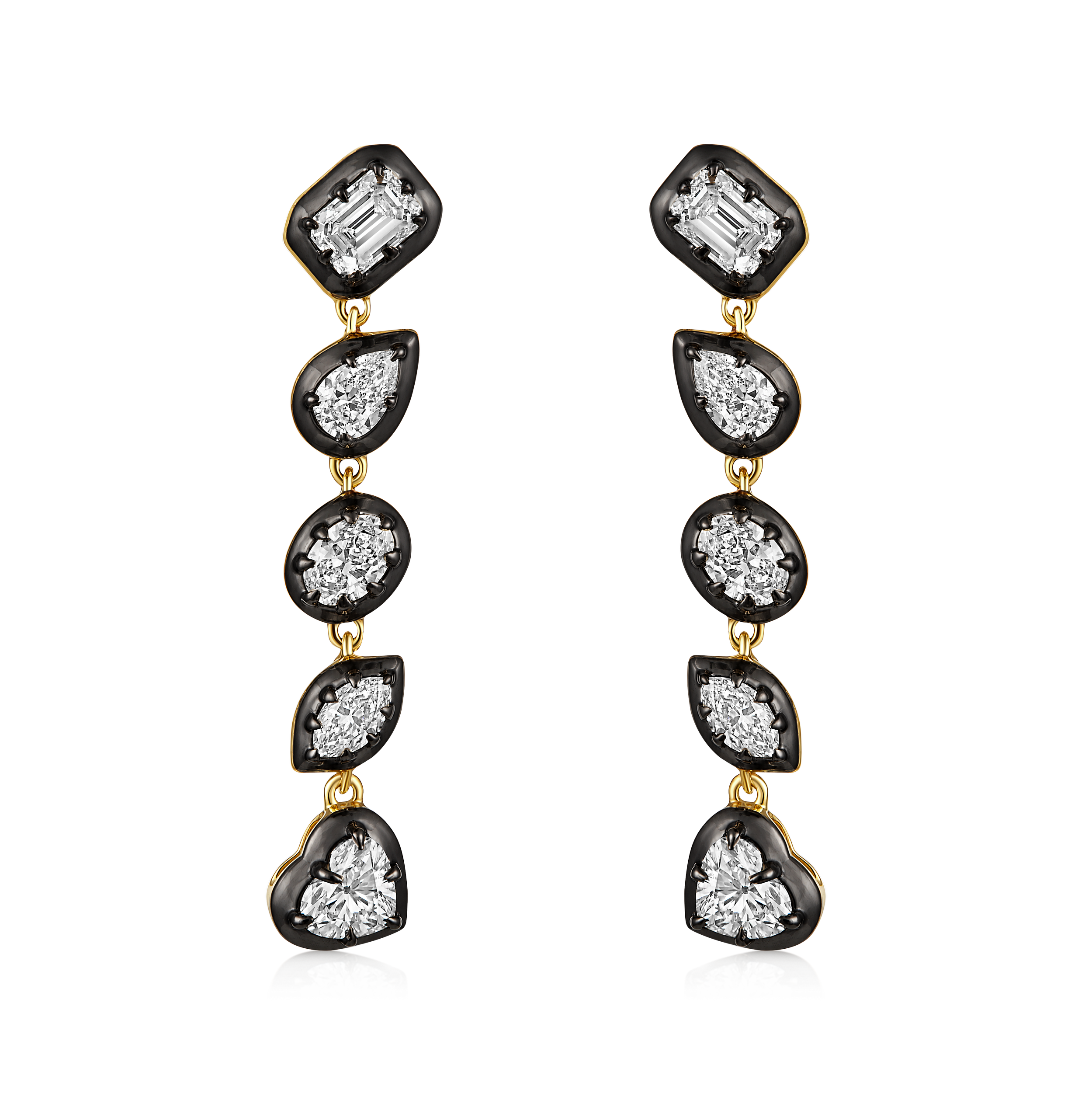Multi Shape Diamond Black Bezel Drop Earrings in 14k yellow gold