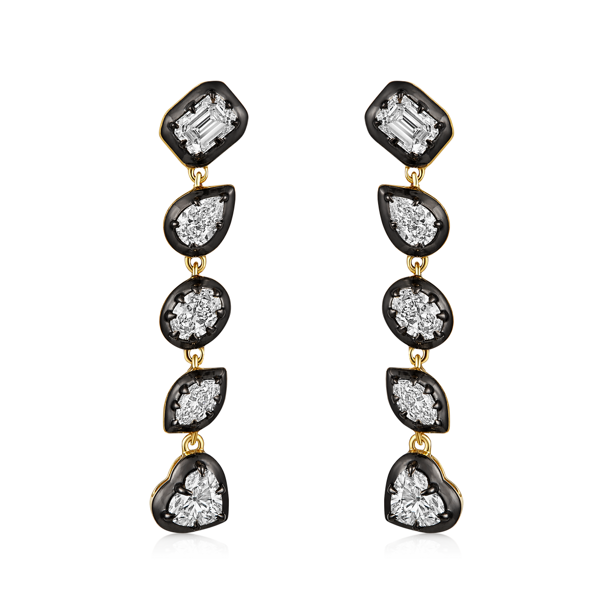 Multi Shape Diamond Black Bezel Drop Earrings in 14k yellow gold