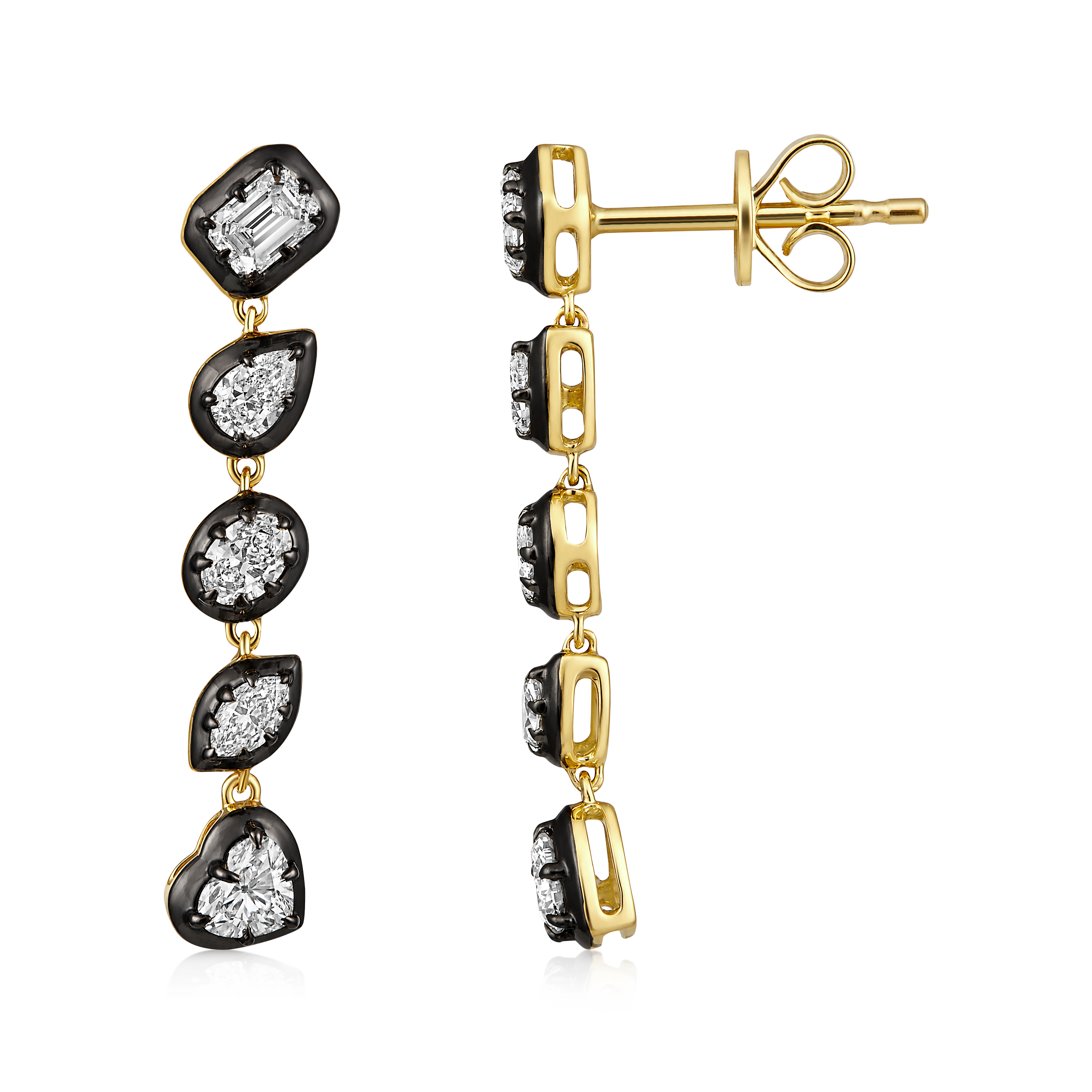 Multi Shape Diamond Black Bezel Drop Earrings in 14k yellow gold
