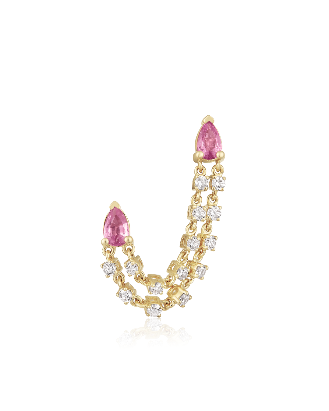 Pink Sapphire and Diamond Pear Double Chain Jacket Earrings in 14k yellow gold