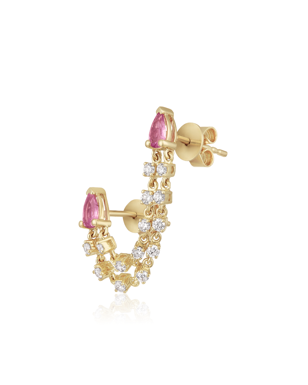 Pink Sapphire and Diamond Pear Double Chain Jacket Earrings in 14k yellow gold