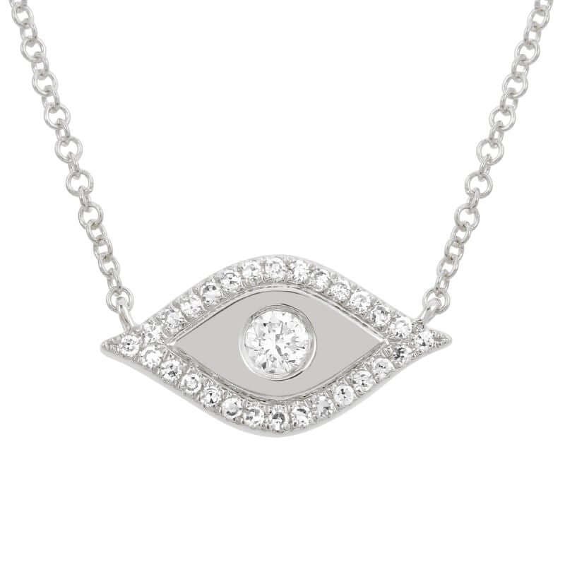 14K Gold Diamond Halo Evil Eye Necklace with round diamond surrounded by smaller diamonds