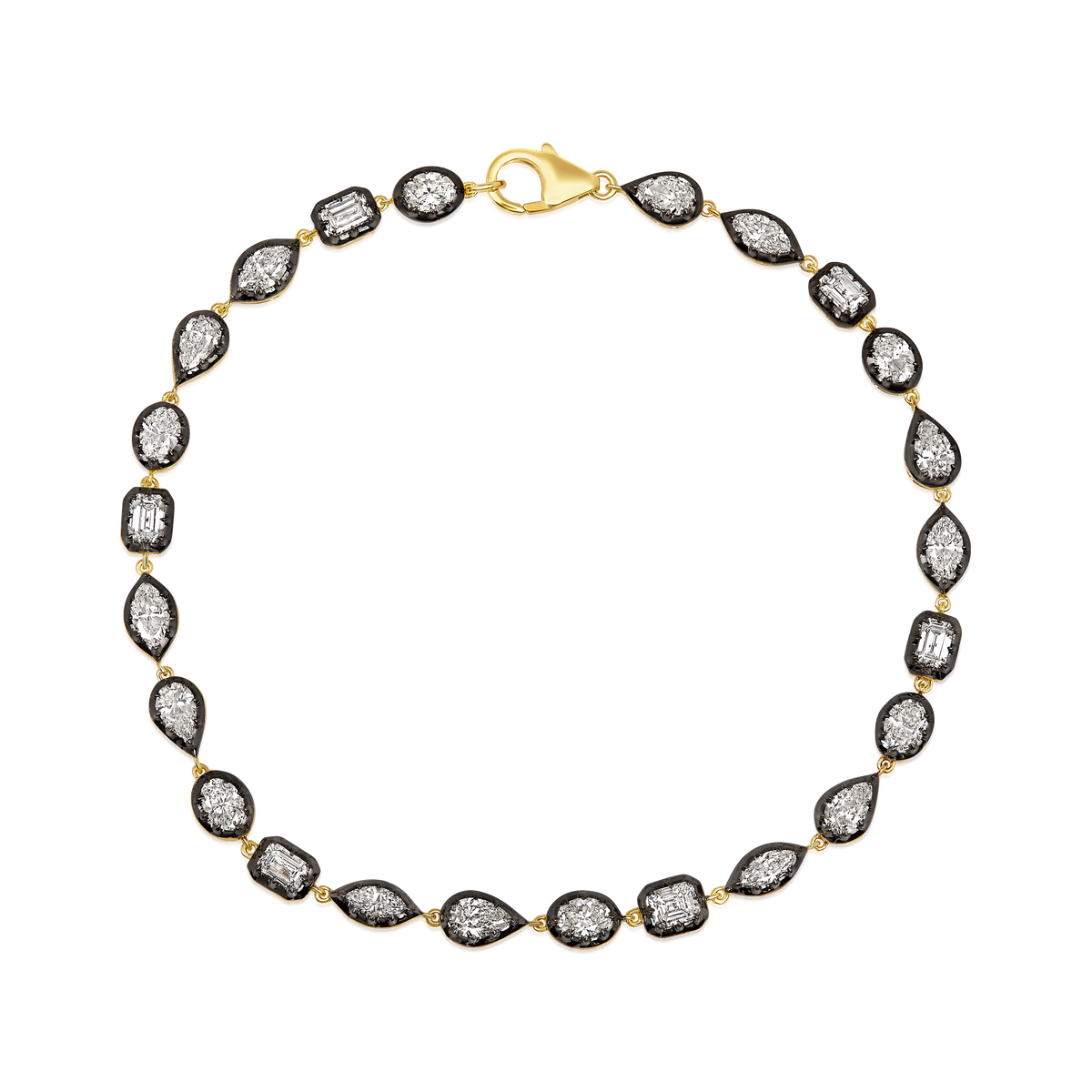 Multi Shape Diamond Black Bezel Tennis Bracelet in 14k yellow gold