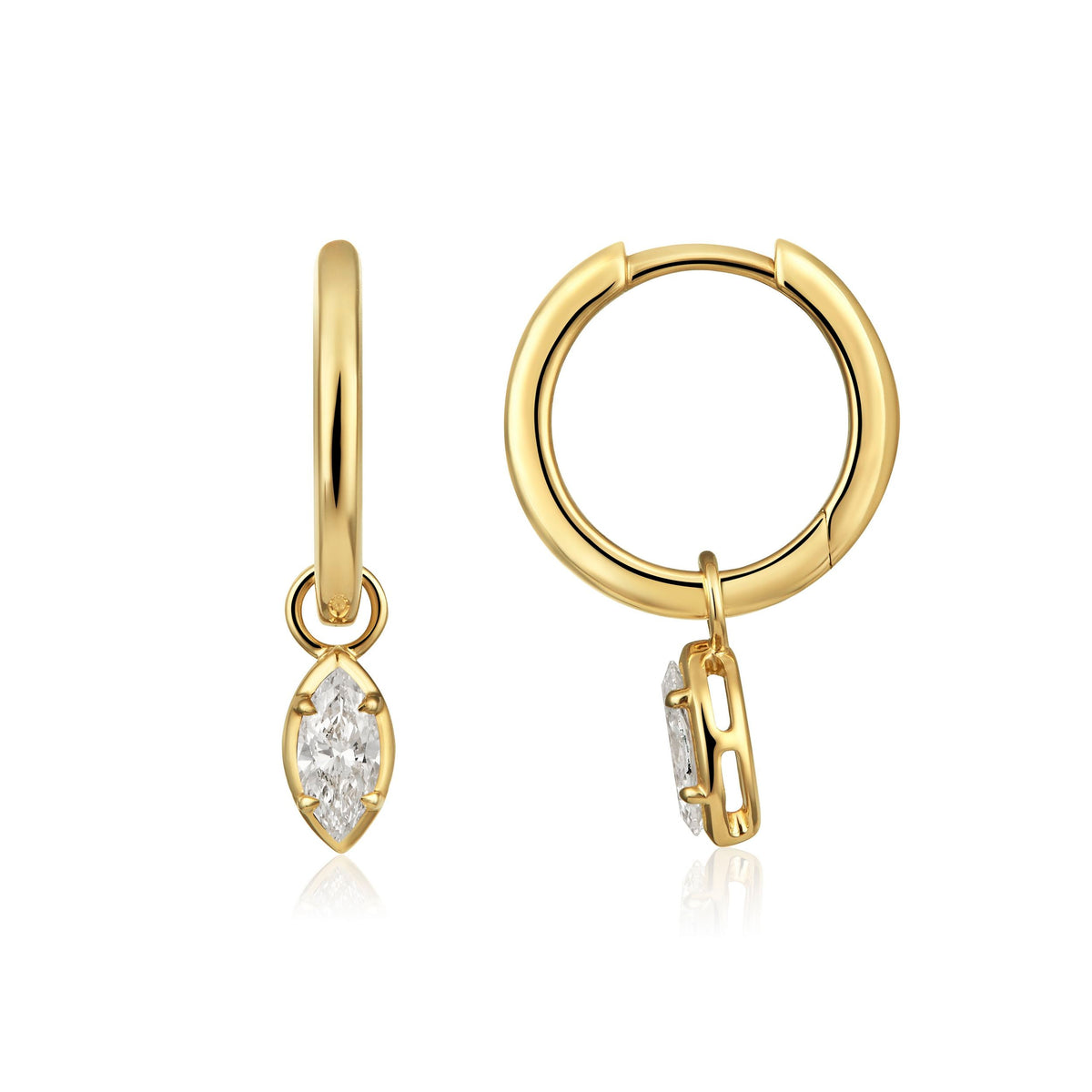 Marquise Diamond Drop Huggie Earrings in 14k yellow gold