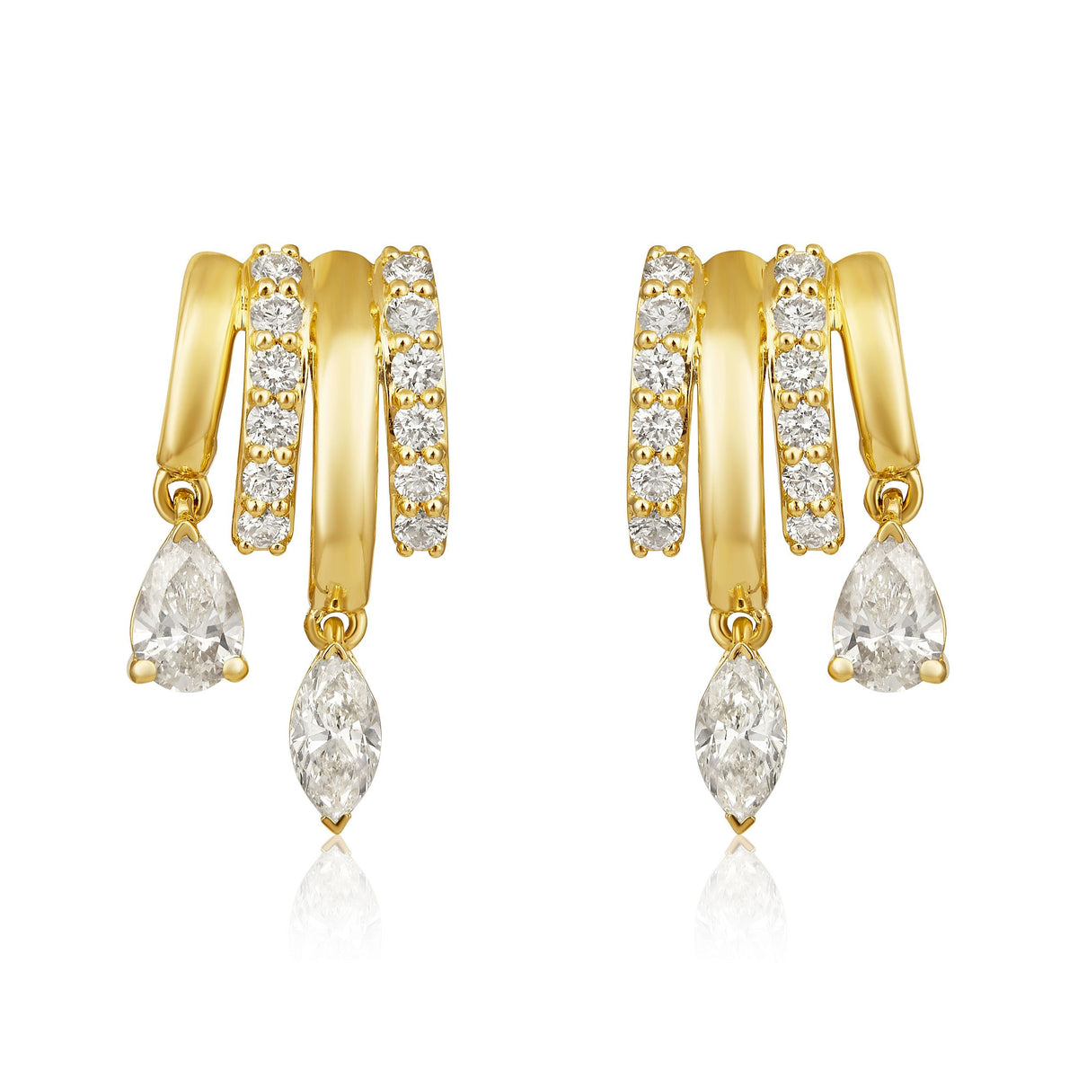 Marquise and Pear Diamond Three Row Drop Earrings in 14k yellow gold