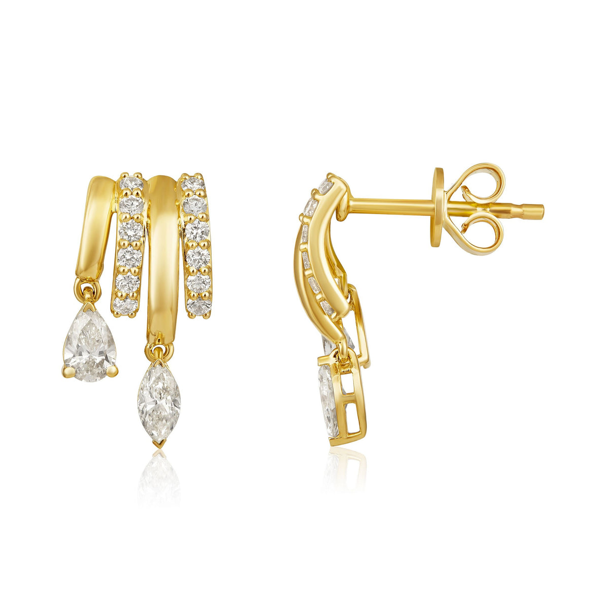 Marquise and Pear Diamond Three Row Drop Earrings in 14k yellow gold