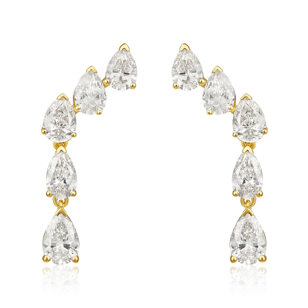 Graduated Pear Diamond Five Stone Climber Earrings in 14k yellow gold
