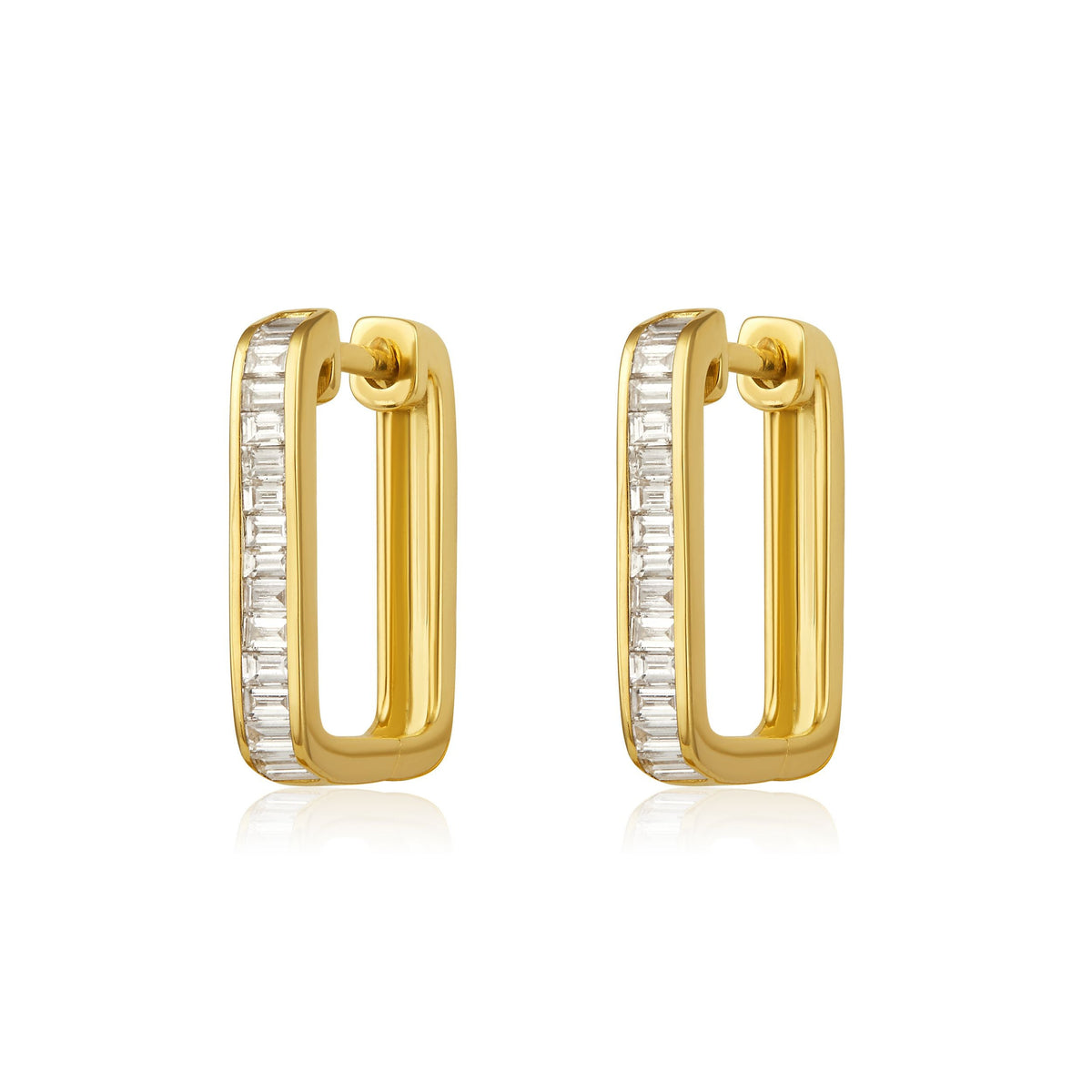 Baguette Diamond Rectangle Huggie Earrings in 14k yellow gold