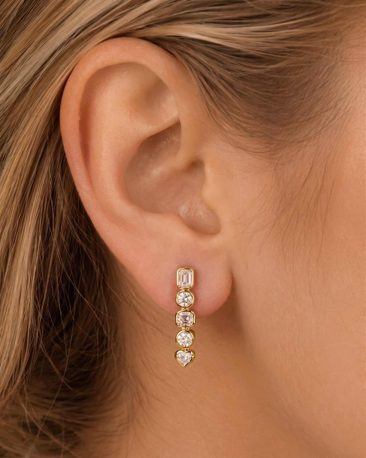 Emerald Cut Diamond Heart Bezel Drop Earrings in 14k yellow gold