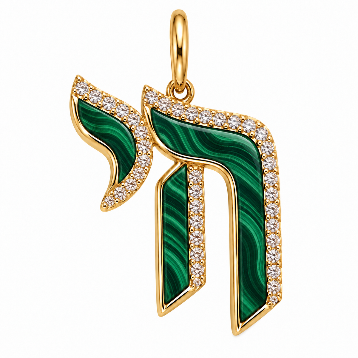 Hebrew Chai Gemstone Diamond Pendant in malachite and 14k yellow gold with natural diamonds