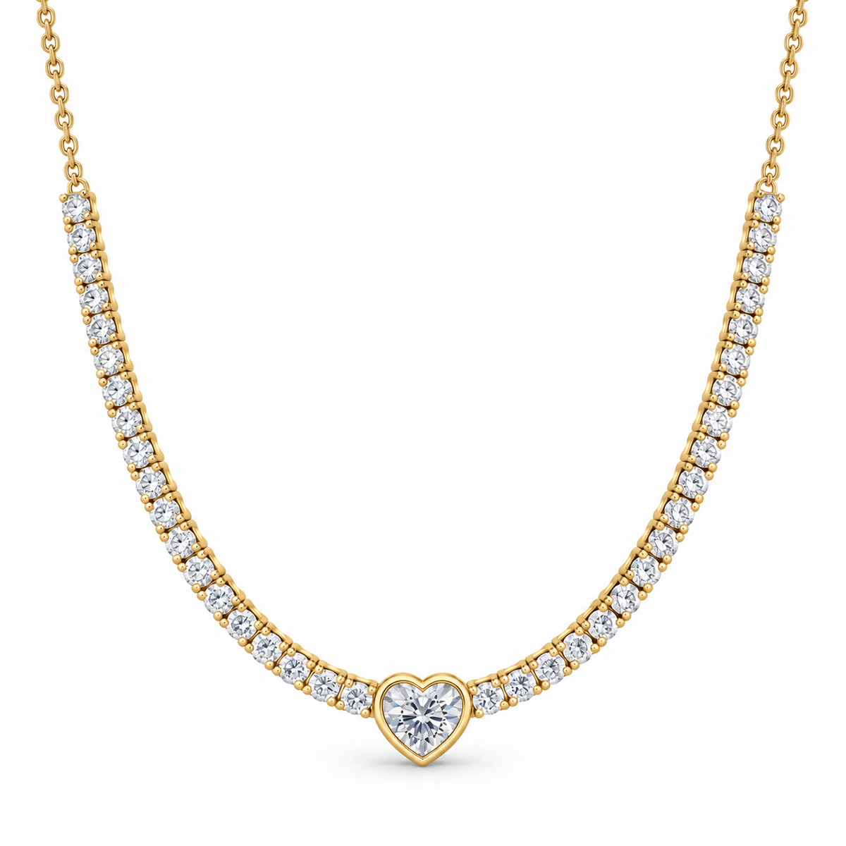 Heart center lab diamond tennis necklace in 14k yellow gold with a bezel-set heart on a rolo chain