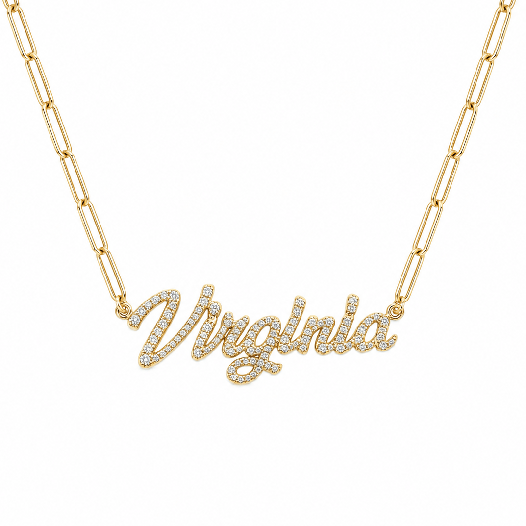 Personalized Script Nameplate Diamond Necklace featuring the name Virginia in sparkling diamonds.
