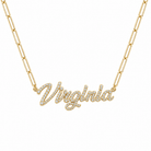 Personalized Script Nameplate Diamond Necklace featuring the name Virginia in sparkling diamonds.