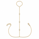 Baguette Bezel Stations Diamond Hand Chain showcasing a gold chain with diamonds linking a bracelet to a finger ring.