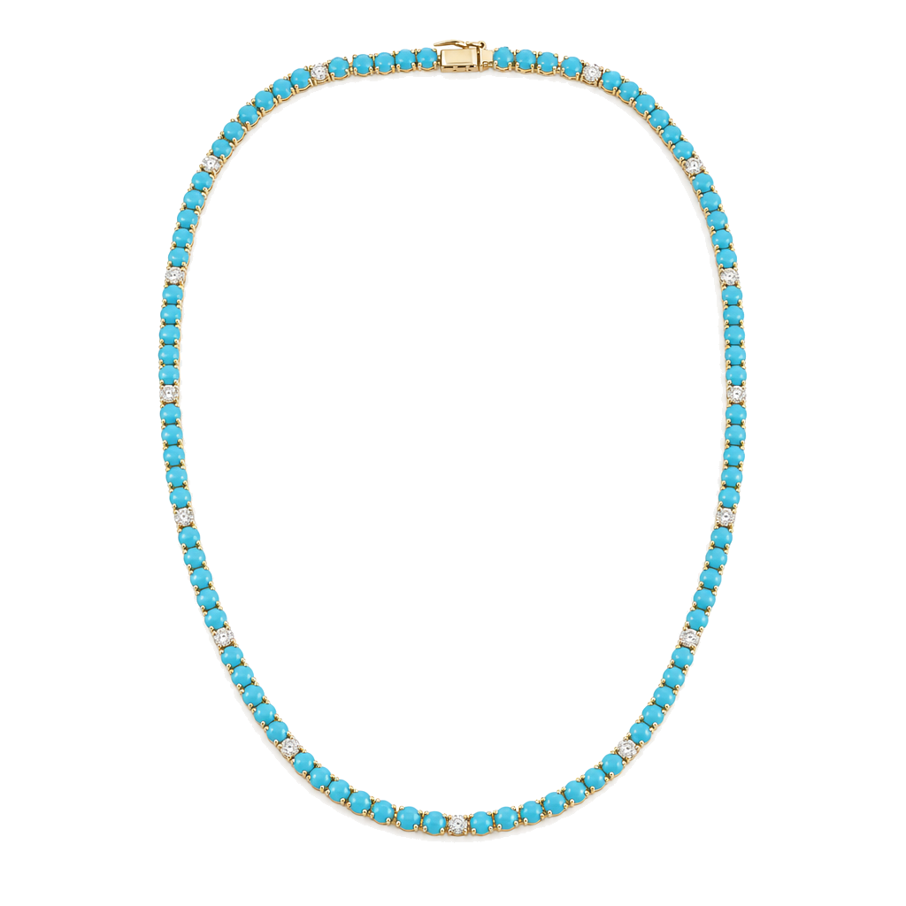 A 14k gold tennis necklace featuring alternating round turquoise gemstones and round brilliant diamonds laid flat in a circle