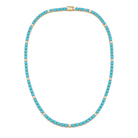 A 14k gold tennis necklace featuring alternating round turquoise gemstones and round brilliant diamonds laid flat in a circle