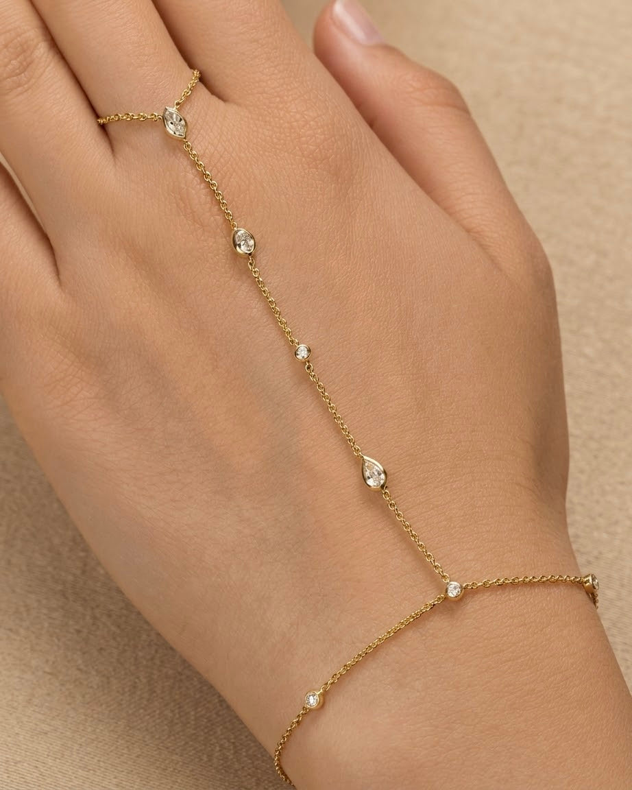 Marquise and Pear Diamond Bezel Hand Chain in 14k yellow gold
