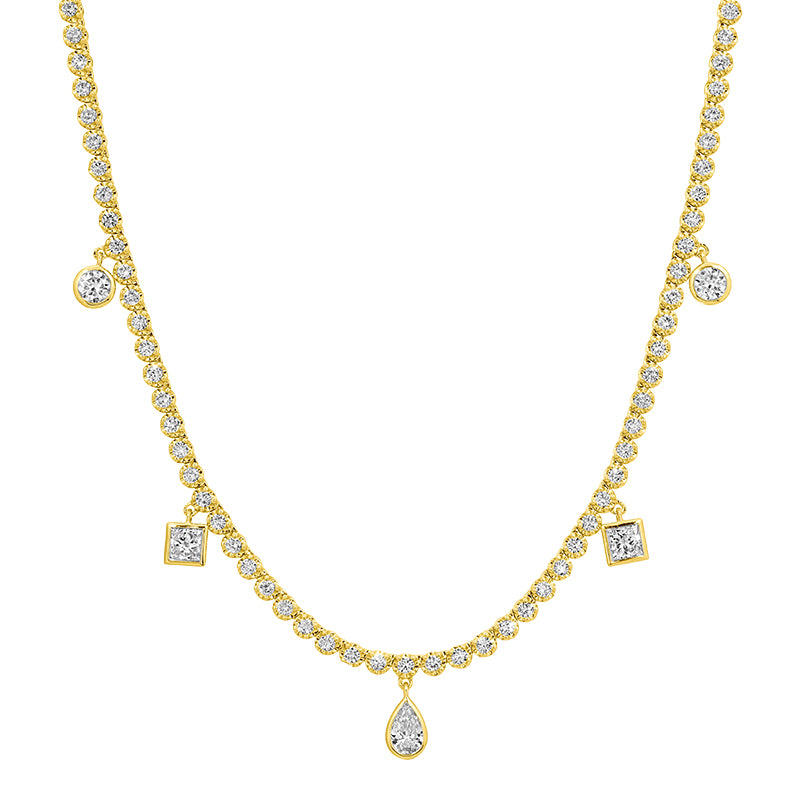 Multi Shape Lab Diamond Dangle Tennis Necklace in 14k yellow gold
