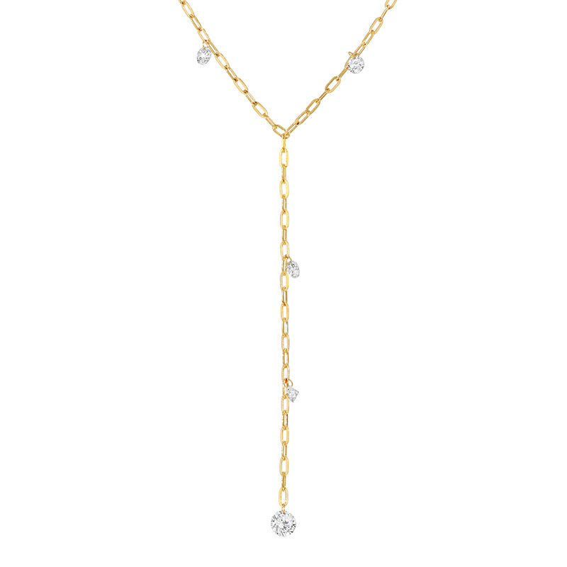 Floating Lab Diamond Paper Clip Y Necklace in 14k yellow gold, Izakov Fine Jewelry