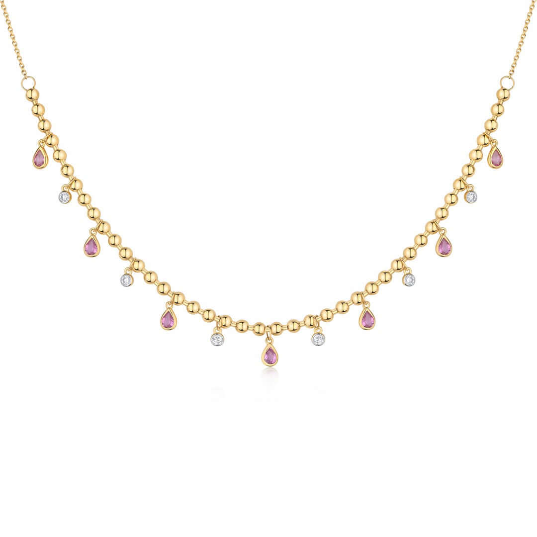 14K Gold Drop Pear Gemstone Bezel Ball Chain Diamond Necklace with pink sapphires and diamond accents.