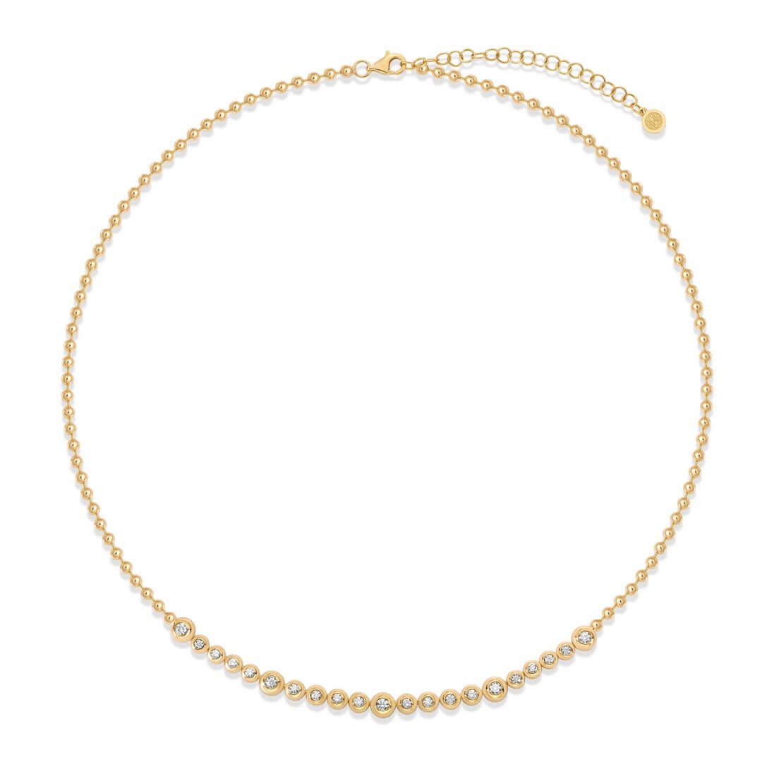 14K Gold Bezel Set Diamond Ball Beaded Necklace featuring 21 diamond bezels and a ball beaded design.