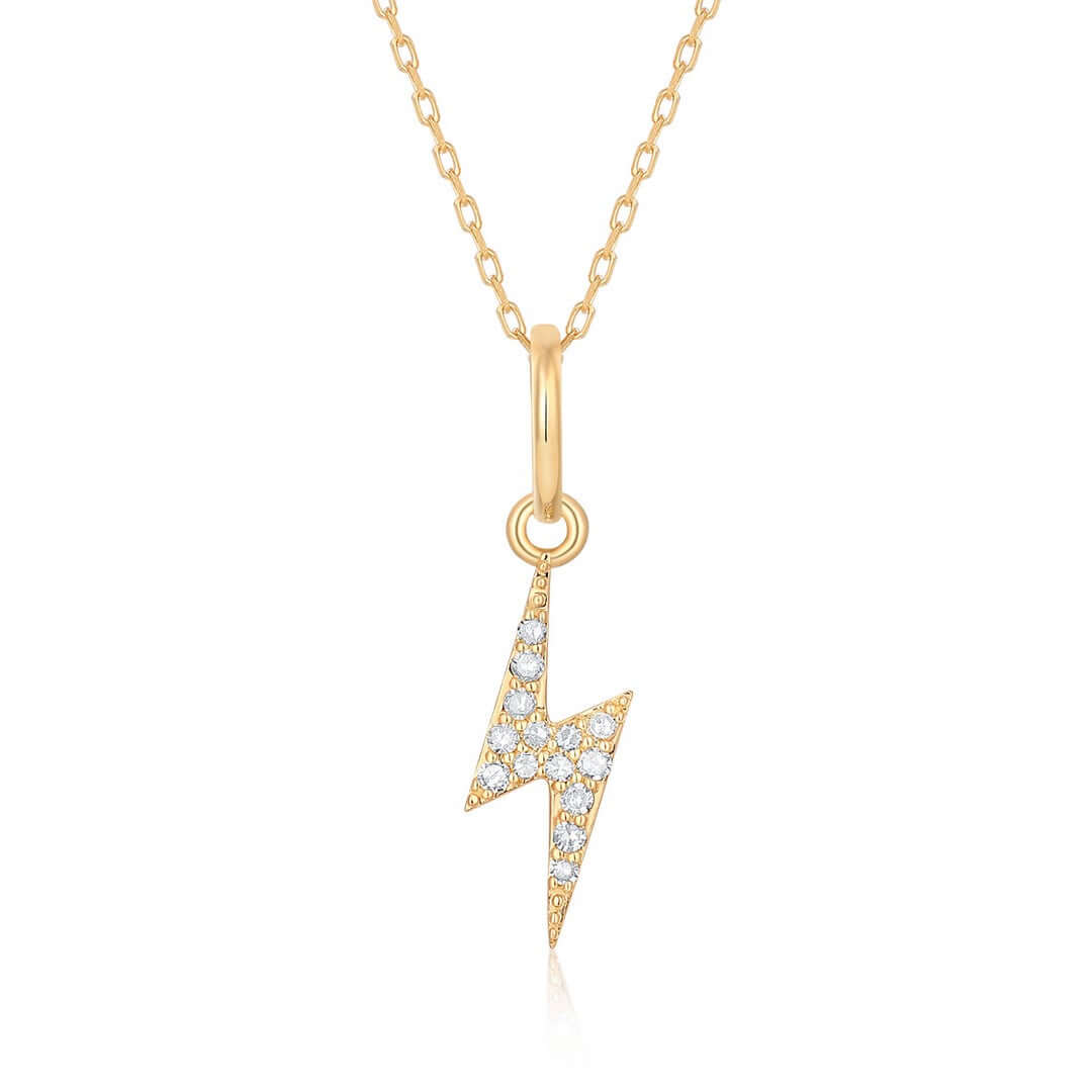 14K Gold Small Lightning Diamond Necklace Charm with diamonds and charm enhancer bail for versatile wear.
