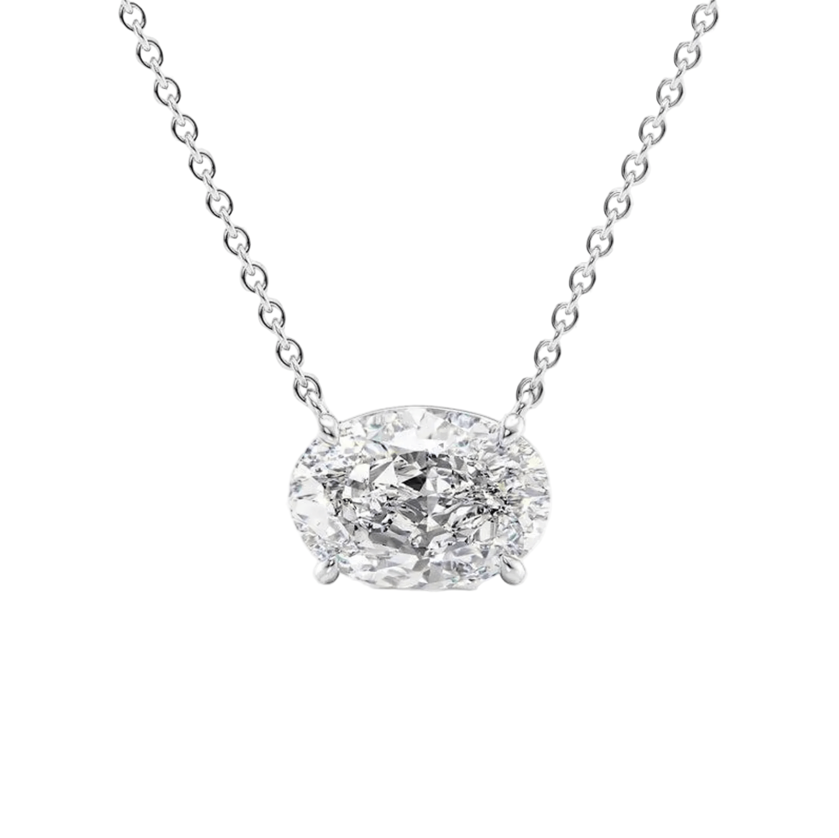 14K Gold Floating Solitaire Lab-Grown Diamond Necklace featuring an oval lab-grown diamond on a chain.