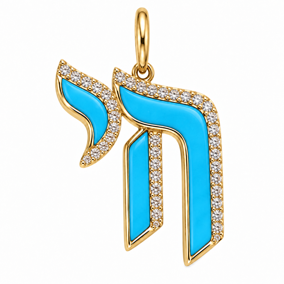 Hebrew Chai Gemstone Diamond Pendant in turquoise and 14k yellow gold with natural diamonds