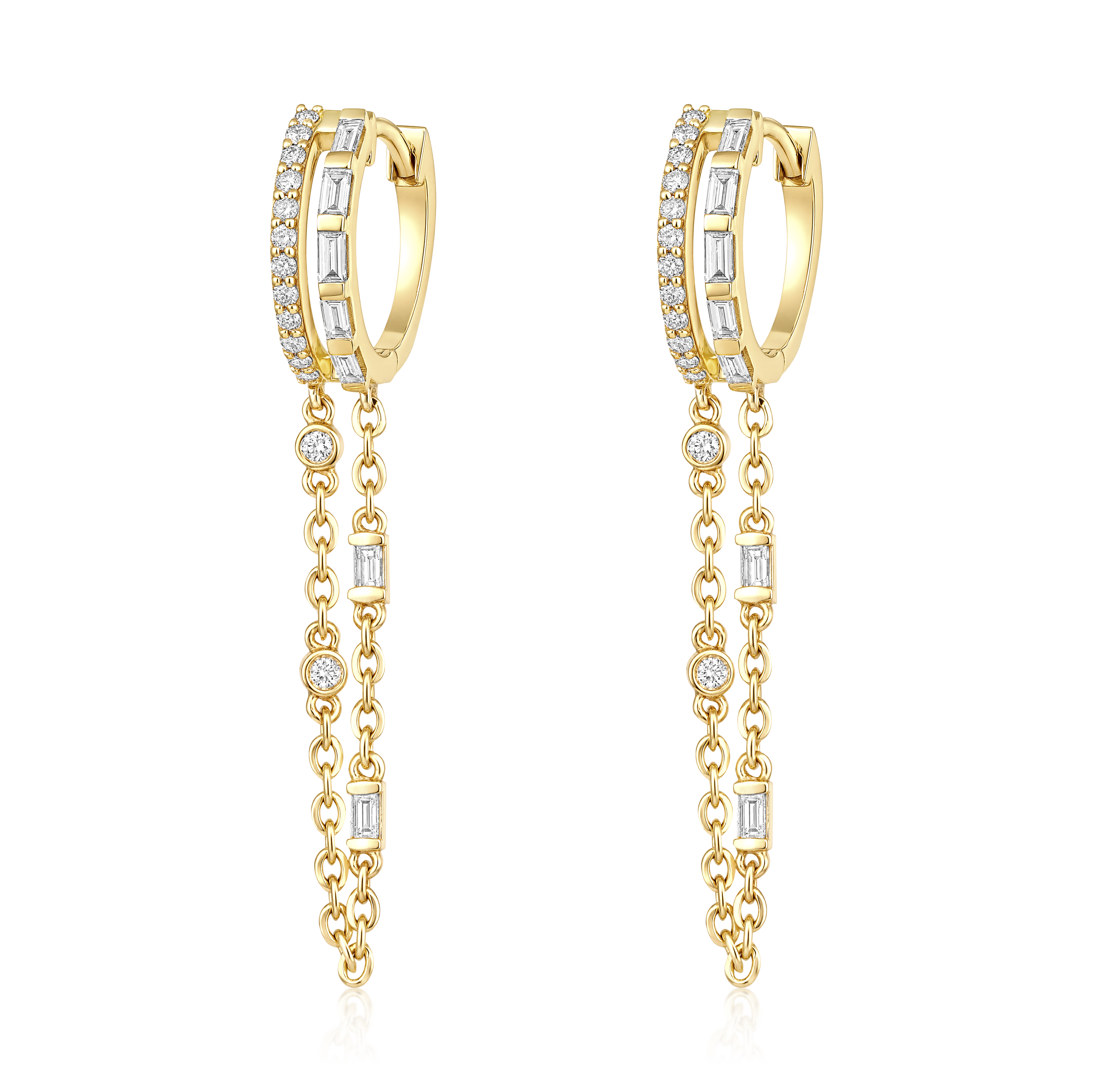 Baguette Diamond Station Double Chain Huggie Earrings in 14k yellow gold