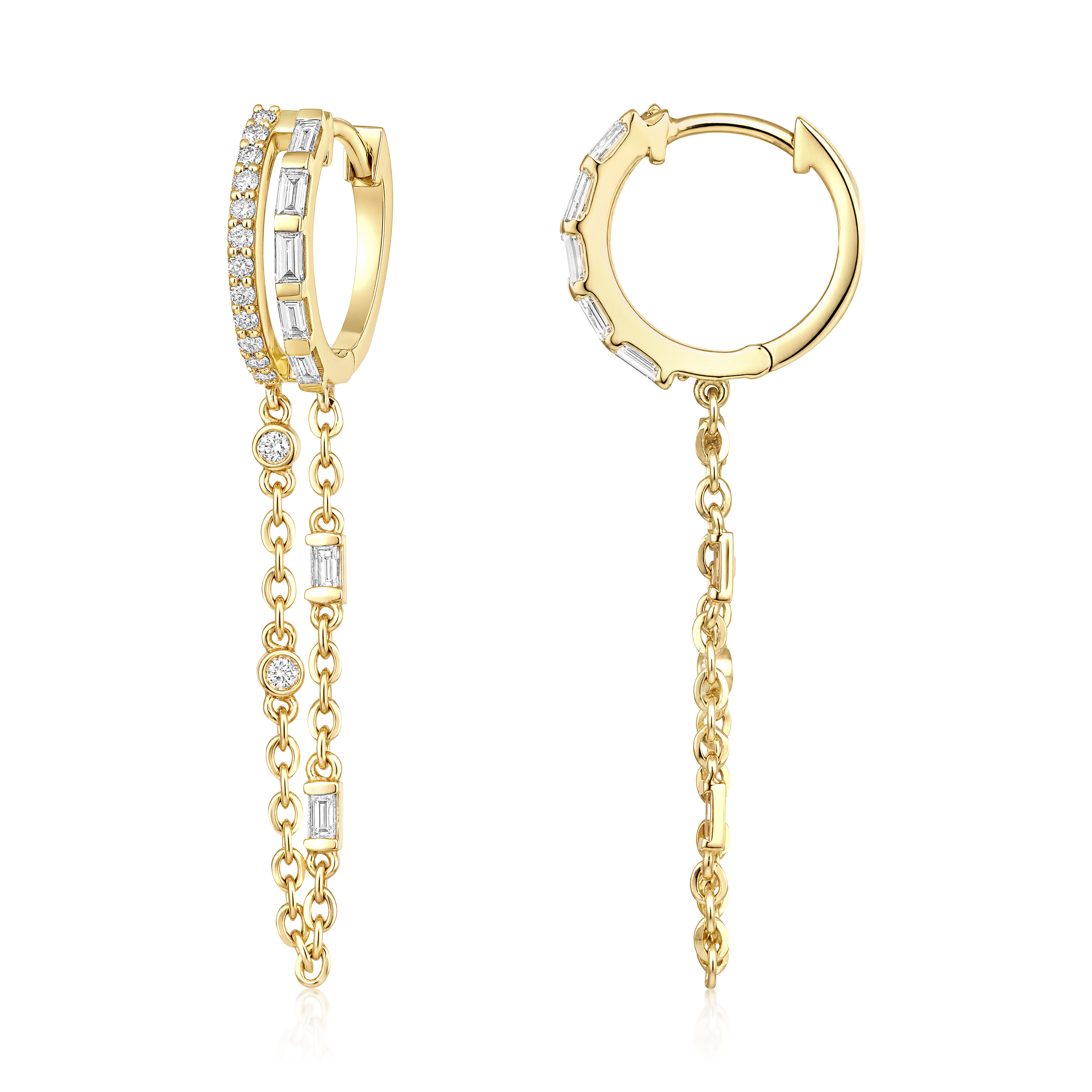 Baguette Diamond Station Double Chain Huggie Earrings in 14k yellow gold