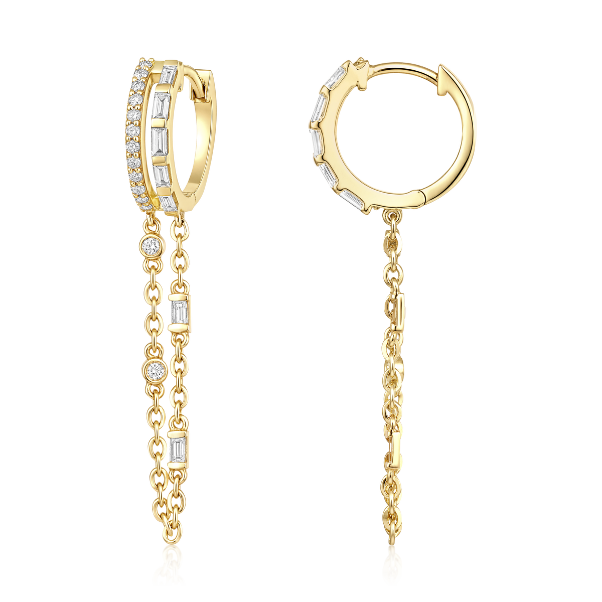 Baguette Diamond Station Double Chain Huggie Earrings in 14k yellow gold