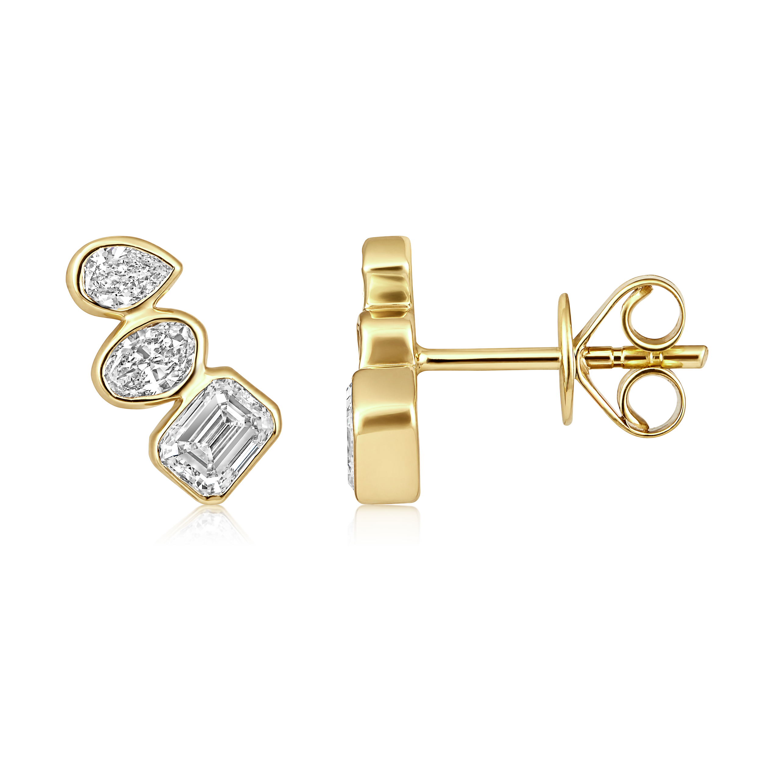 Trio Multi Shape Diamond Bezel Stud Earrings in 14k yellow gold