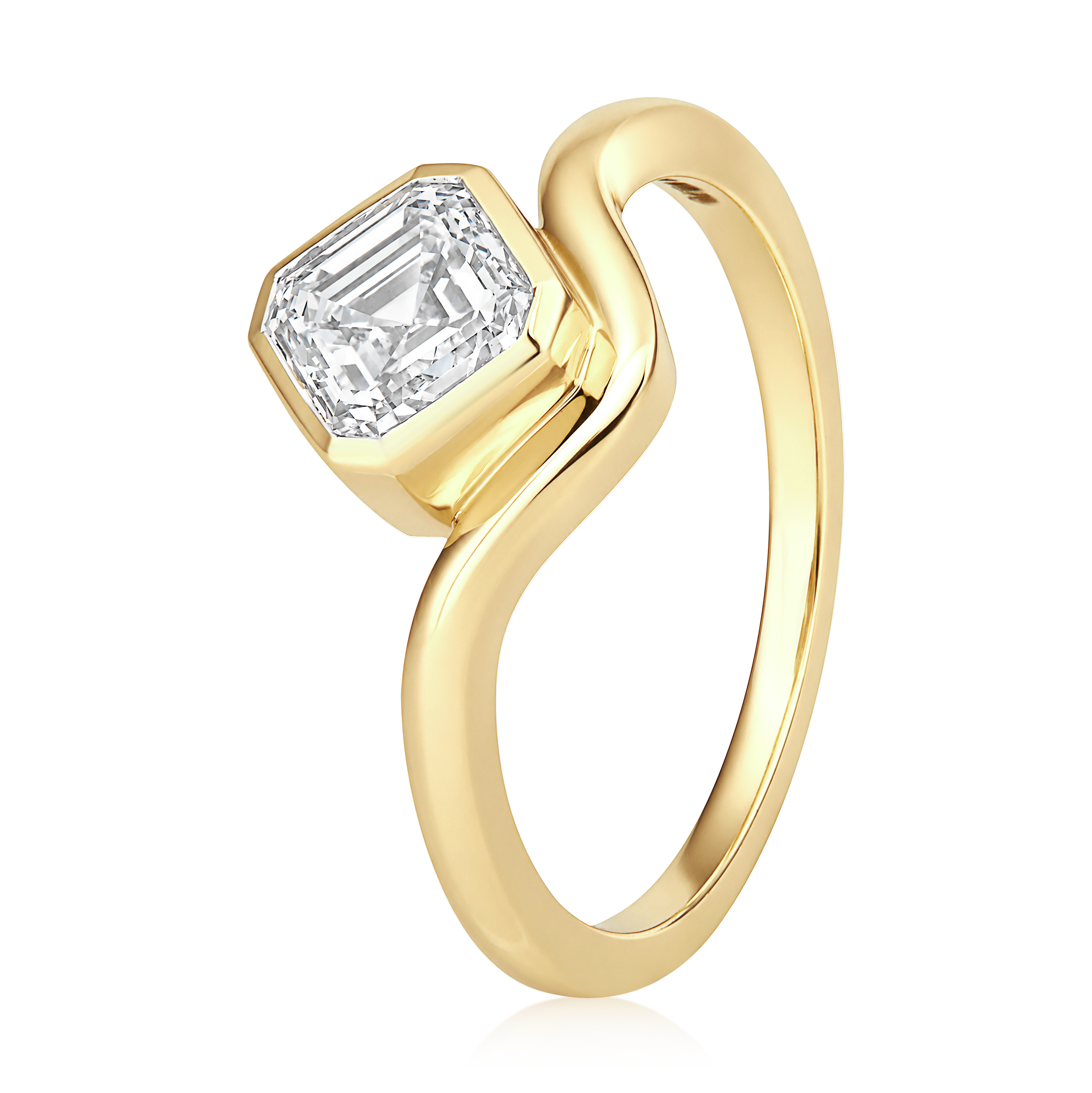 Asscher Cut Diamond Bezel Curved Pinky Ring in 14k yellow gold