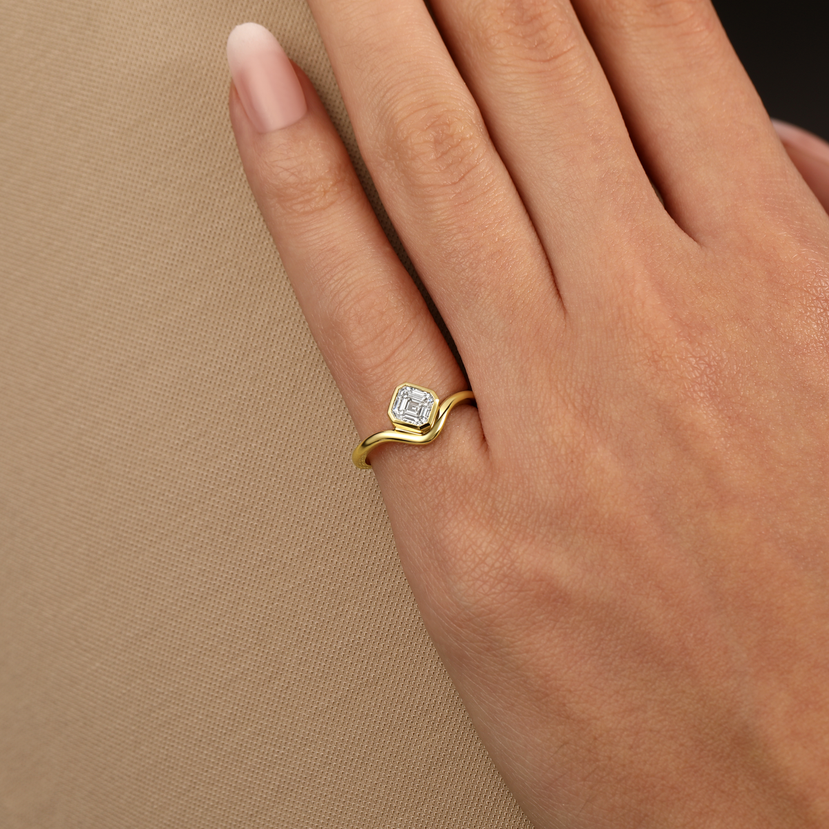 Asscher Cut Diamond Bezel Curved Pinky Ring in 14k yellow gold